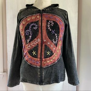 JAYLI / XL Women's XL Black Tie Dye 100% Cotton Peace Zip Hoodie